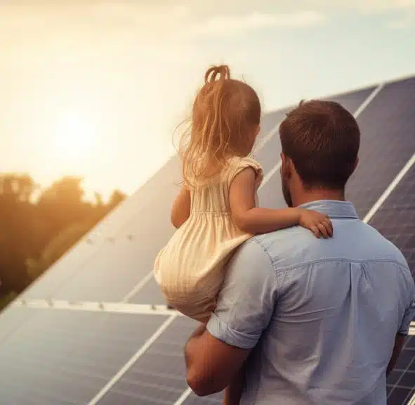 A photograph of a man and his daughter, looking at some solar panels that have been fitted on a house, low voltage network monitoring system