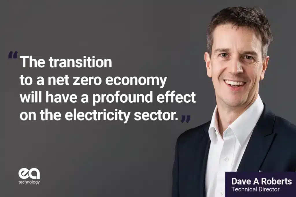 A screenshot from a video with Dave Roberts which showcases a testimonial. The testimonial reads "the transition to a net zero economy will have a profound effect on the electricity sector".