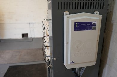 Product shot of a VisNet Hub being used, attached to a metal panel
